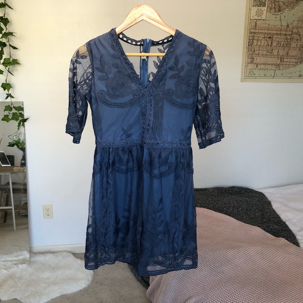 Blue gray embroidered intricate mesh romper dress